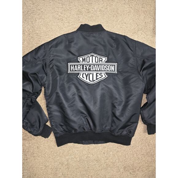 VINTAGE 1990'S Harley-Davidson Men's Black Satin Bomber Jacket Sz Small Logo - Picture 1 of 16